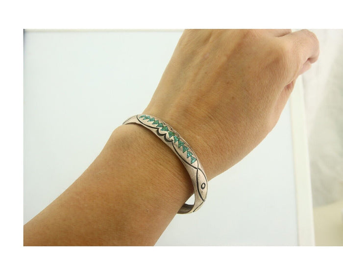 Navajo Bracelet 925 Silver Inlaid Turquoise Cuff Artist Signed Stanley Bain C.80
