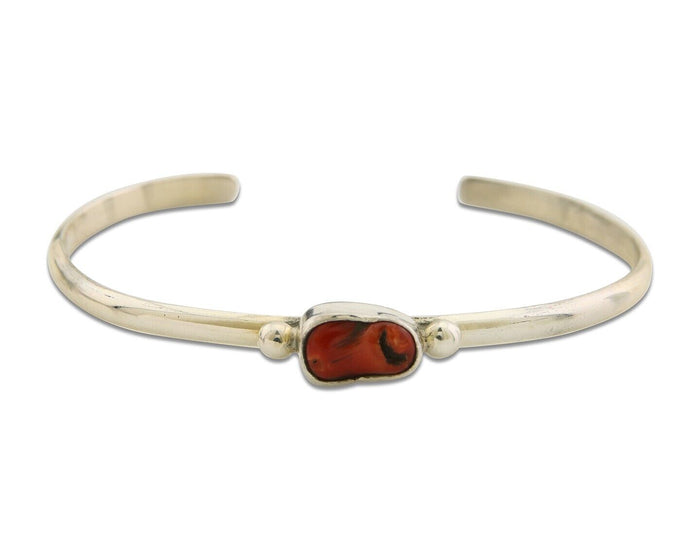 Navajo Bracelet .925 Silver Mediterranean Red Coral Cuff Native Artist C.80's