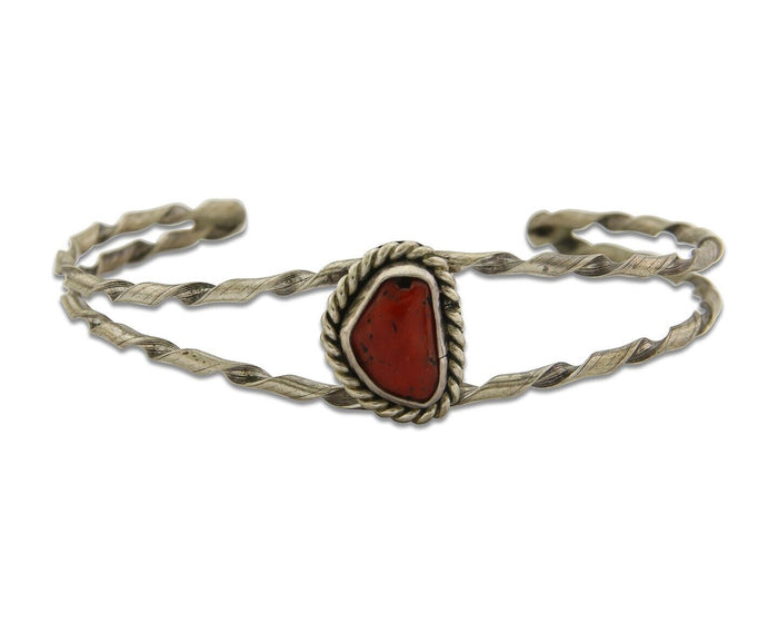 Navajo Bracelet .925 Silver Mediterranean Red Coral Cuff Native Artist C.80's