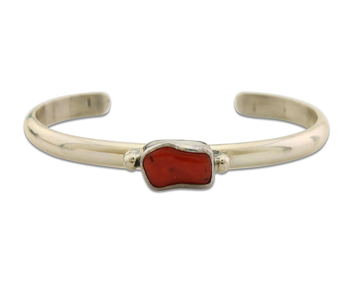 Navajo Bracelet .925 Silver Mediterranean Red Coral Cuff Native Artist C.80's