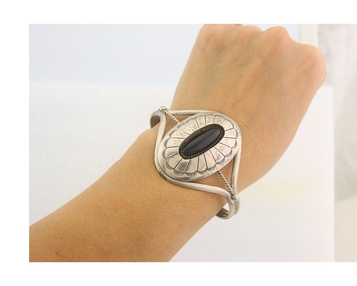 Navajo Bracelet 925 Silver Natural Onyx Cuff Native American Artist C.80's