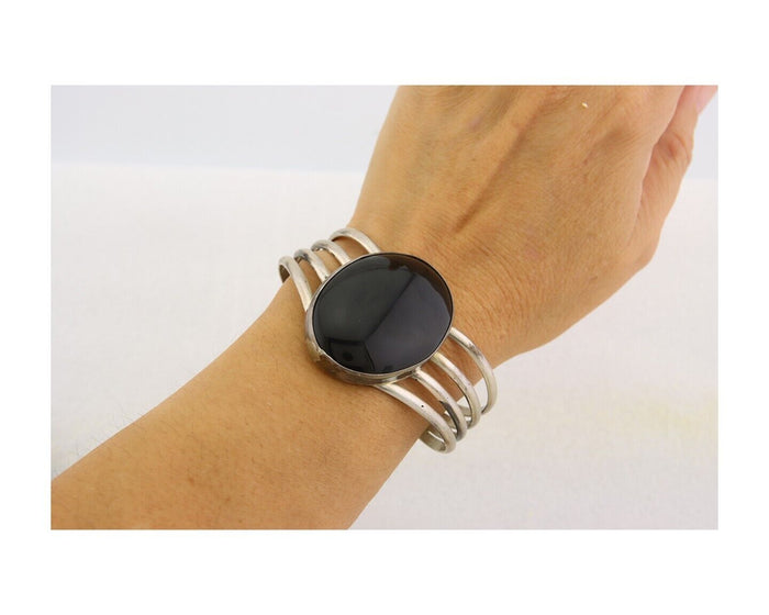 Navajo Bracelet 925 Silver Natural Onyx Cuff Native American Artist C.80's