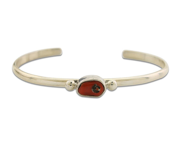 Navajo Bracelet .925 Silver Natural Red Coral Cuff Native American Artist C.80's