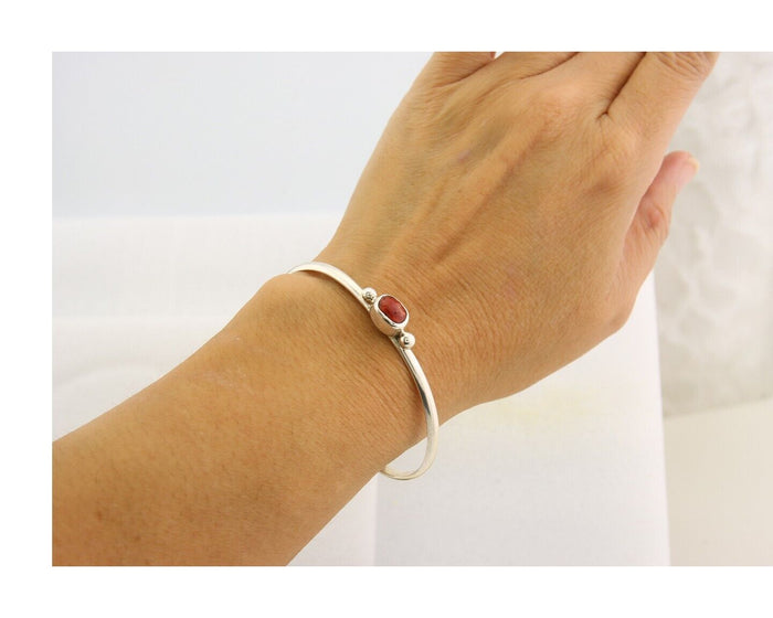 Navajo Bracelet .925 Silver Natural Red Coral Cuff Native American Artist C.80's