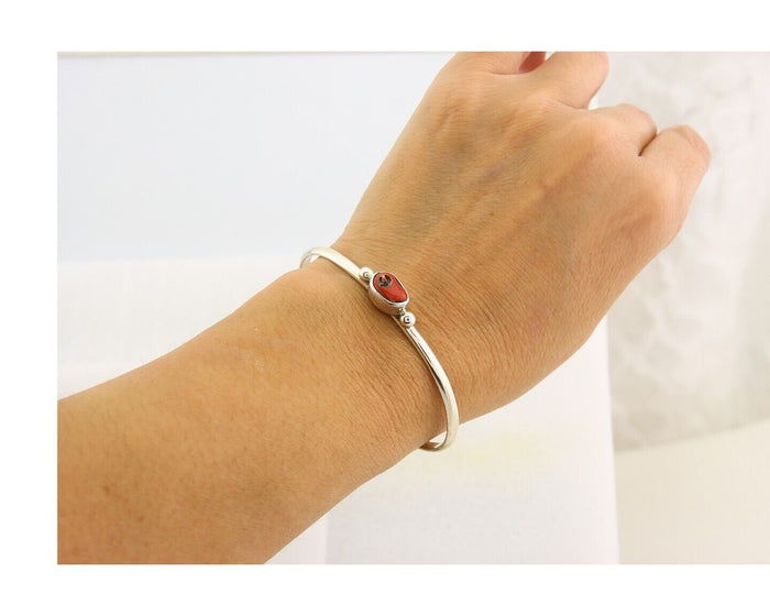 Navajo Bracelet .925 Silver Natural Red Coral Cuff Native American Artist C.80's