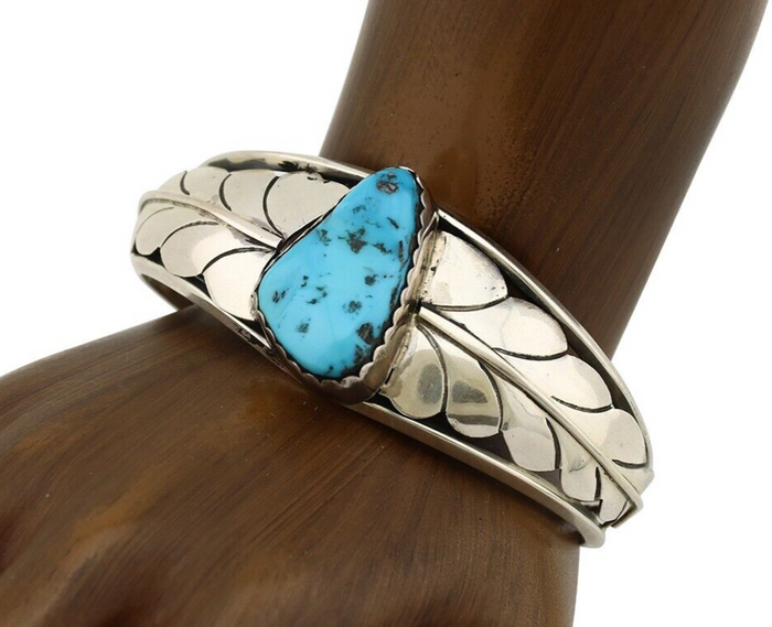 Navajo Bracelet 925 Silver Sleeping Beauty Turquoise Native American Artist C80s