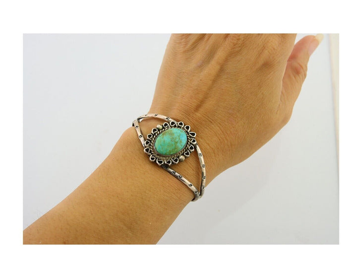 Navajo Bracelet 925 Silver Turquoise Cuff Artist Signed NJ C.80's