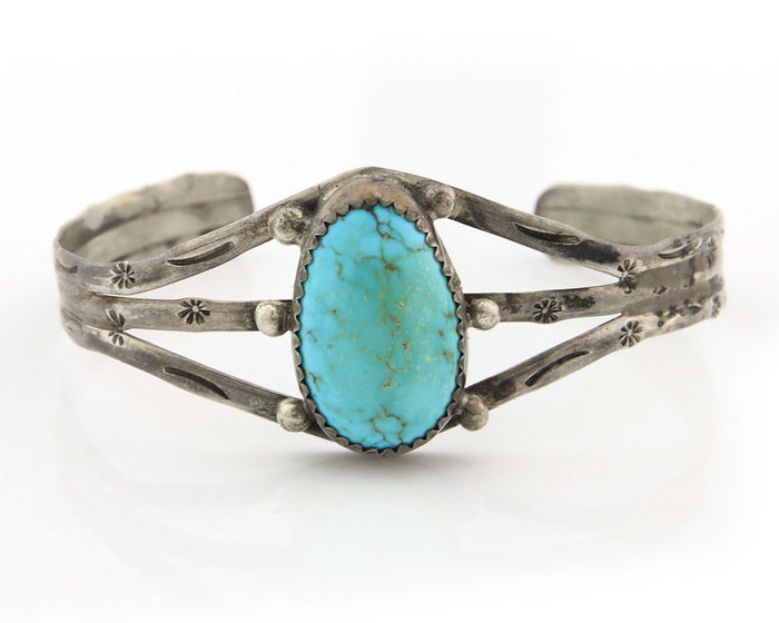 Navajo Bracelet Sterling Silver Turquoise Hand Stamped Native American Artist