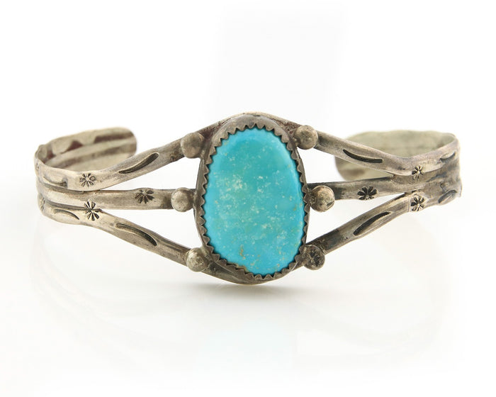 Navajo Bracelet Sterling Silver Turquoise Hand Stamped Native American Artist