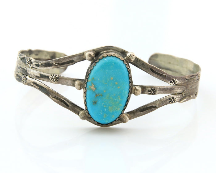 Navajo Bracelet Sterling Silver Turquoise Hand Stamped Native American Artist