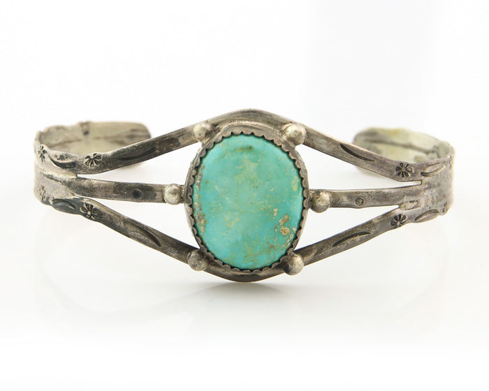 Navajo Bracelet Sterling Silver Turquoise Hand Stamped Native American Artist