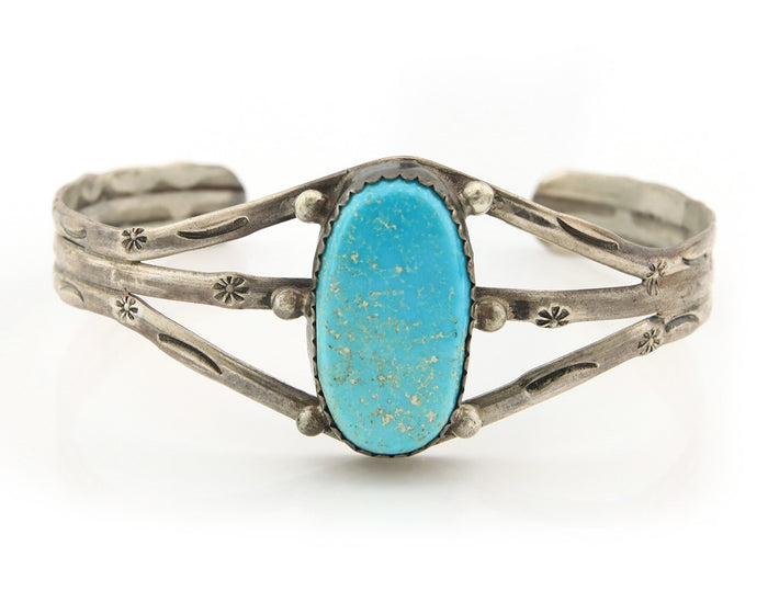 Navajo Bracelet Sterling Silver Turquoise Hand Stamped Native American Artist