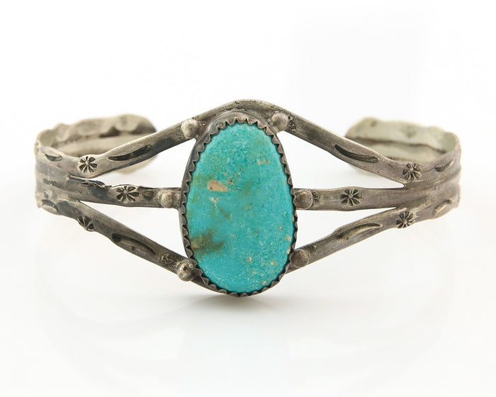Navajo Bracelet Sterling Silver Turquoise Hand Stamped Native American Artist