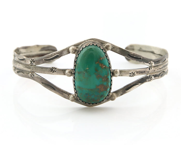 Navajo Bracelet Sterling Silver Turquoise Hand Stamped Native American Artist
