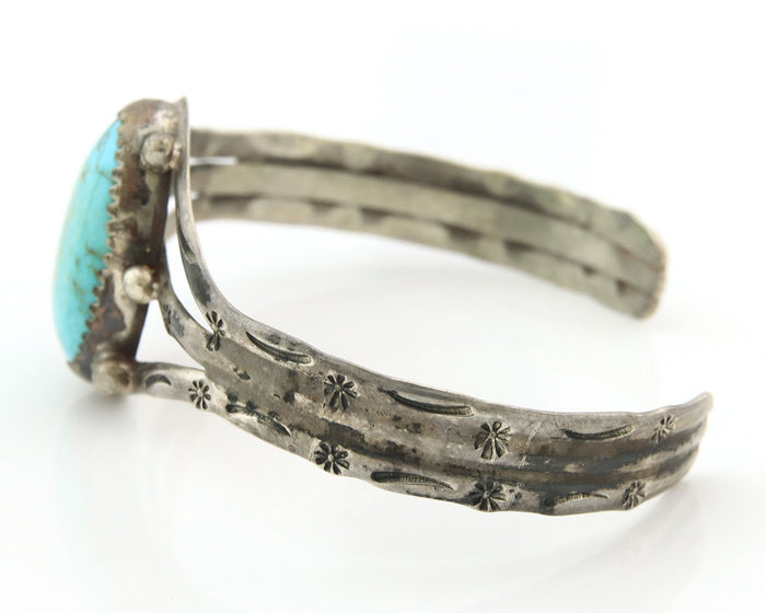 Navajo Bracelet Sterling Silver Turquoise Hand Stamped Native American Artist
