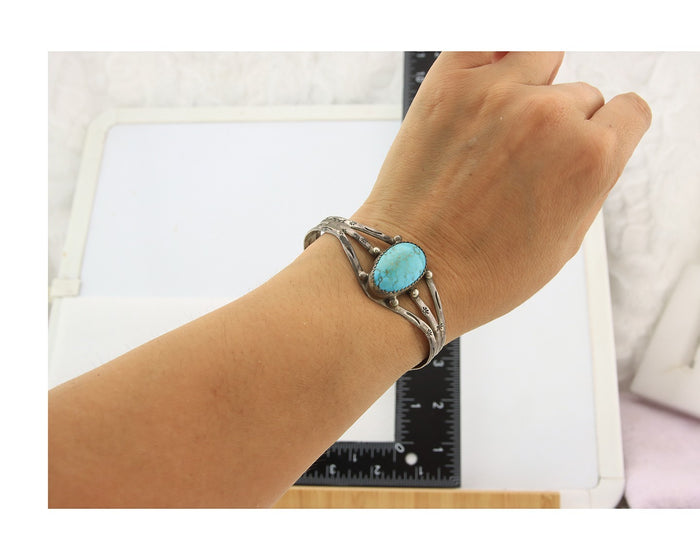 Navajo Bracelet Sterling Silver Turquoise Hand Stamped Native American Artist