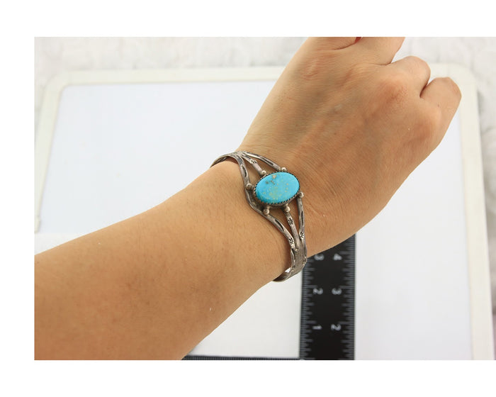 Navajo Bracelet Sterling Silver Turquoise Hand Stamped Native American Artist
