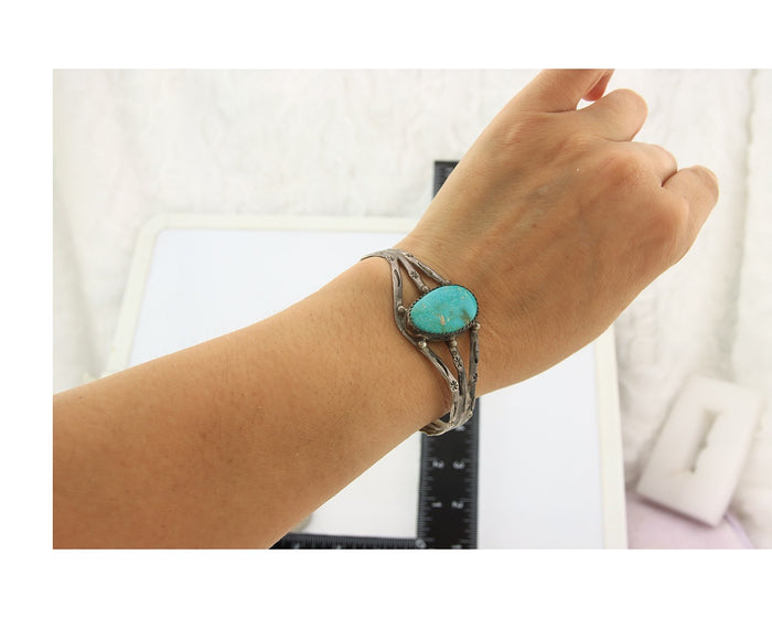 Navajo Bracelet Sterling Silver Turquoise Hand Stamped Native American Artist