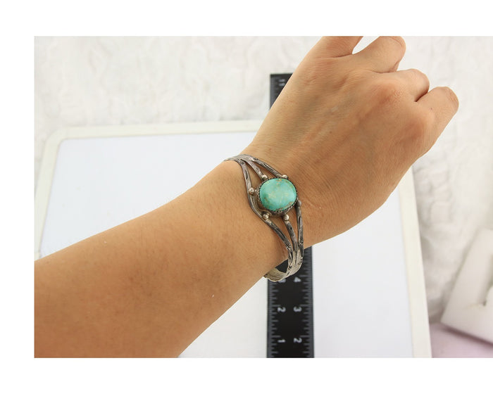 Navajo Bracelet Sterling Silver Turquoise Hand Stamped Native American Artist