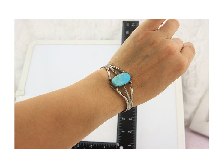 Navajo Bracelet Sterling Silver Turquoise Hand Stamped Native American Artist