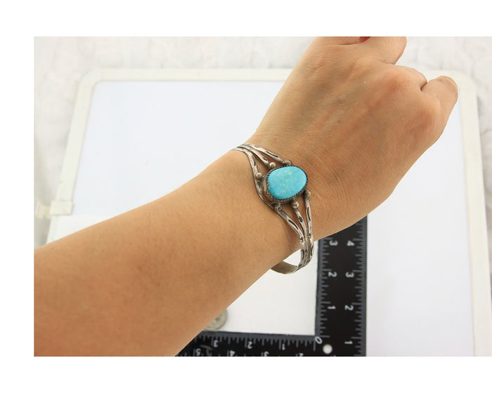 Navajo Bracelet Sterling Silver Turquoise Hand Stamped Native American Artist