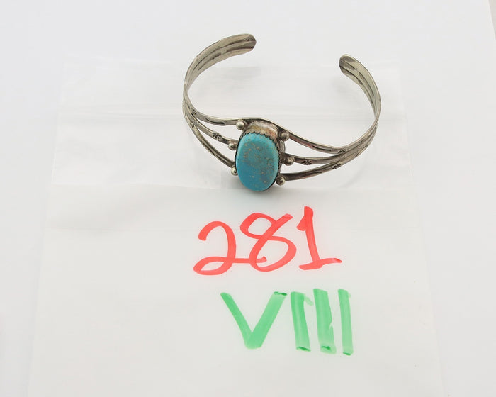 Navajo Bracelet Sterling Silver Turquoise Hand Stamped Native American Artist