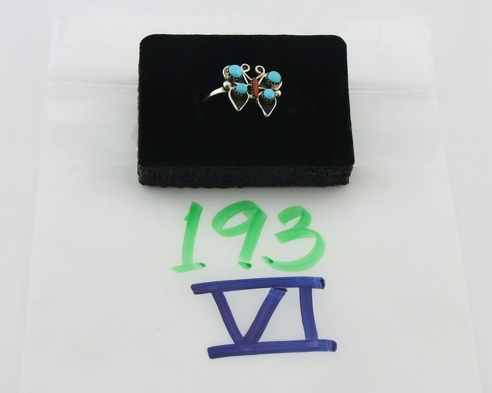 Navajo Butterfly Ring 925 Sterling Silver Authentic Turquoise & Coral Size 7.25