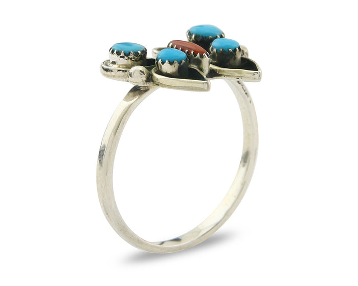 Navajo Butterfly Ring 925 Sterling Silver Authentic Turquoise & Coral Size 8.0