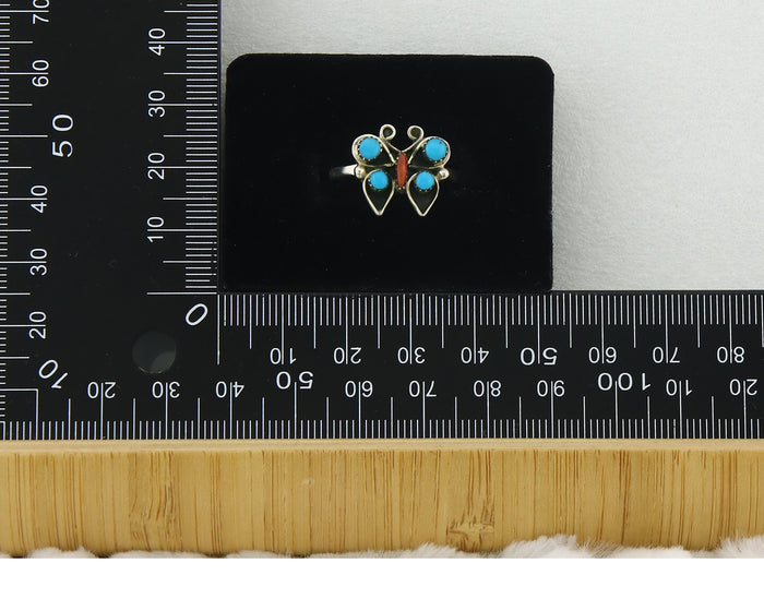 Navajo Butterfly Ring 925 Sterling Silver Authentic Turquoise & Coral Size 8.0