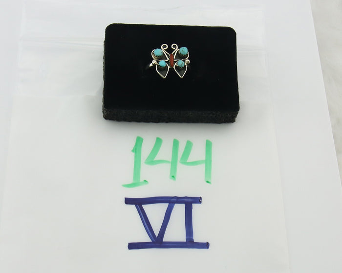 Navajo Butterfly Ring Sterling Silver Authentic Turquoise & Coral Size 6.25