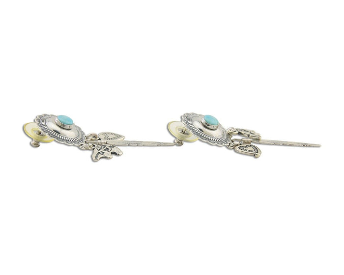 Navajo Concho Dangle Bear Feather Heart Earrings 925 Silver Natural Turquoise