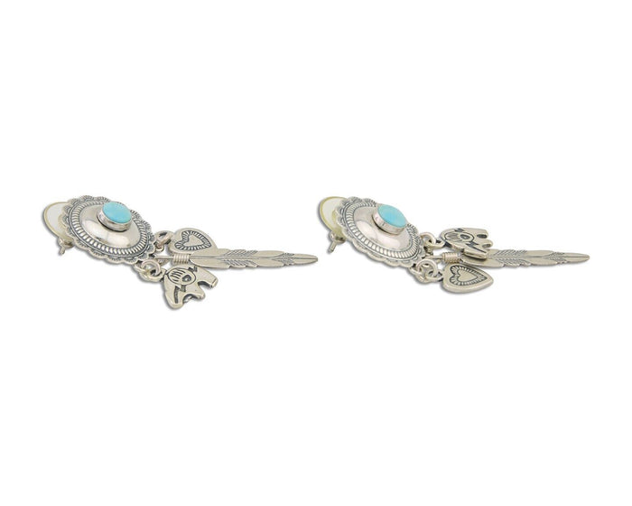 Navajo Concho Dangle Bear Feather Heart Earrings 925 Silver Natural Turquoise
