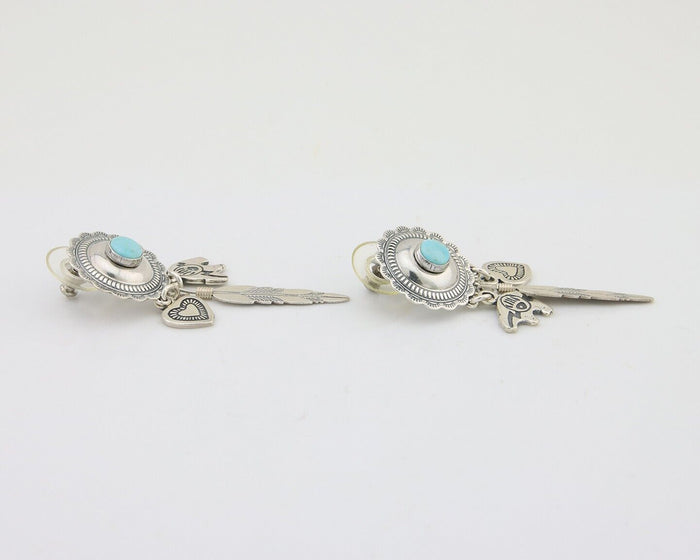 Navajo Concho Dangle Bear Feather Heart Earrings 925 Silver Natural Turquoise