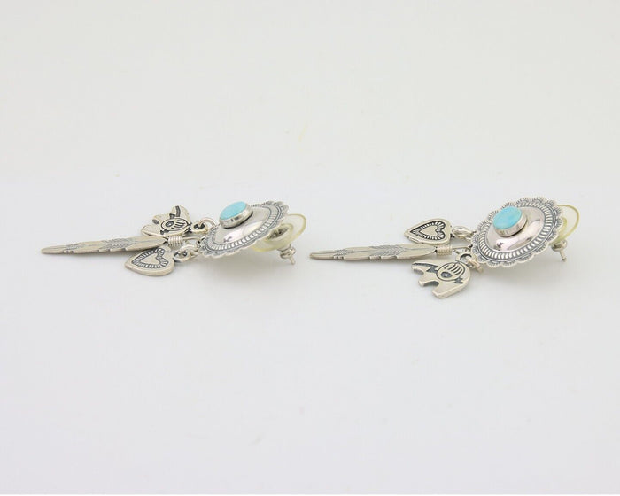 Navajo Concho Dangle Bear Feather Heart Earrings 925 Silver Natural Turquoise