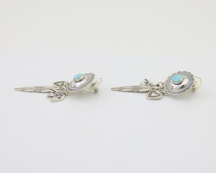 Navajo Concho Dangle Bear Feather Heart Earrings 925 Silver Natural Turquoise
