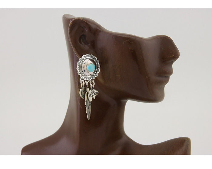 Navajo Concho Dangle Bear Feather Heart Earrings 925 Silver Natural Turquoise