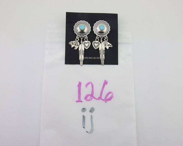 Navajo Concho Dangle Bear Feather Heart Earrings 925 Silver Natural Turquoise