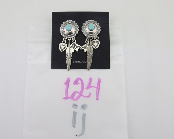 Navajo Concho Dangle Bear Feather Heart Earrings 925 Silver Natural Turquoise