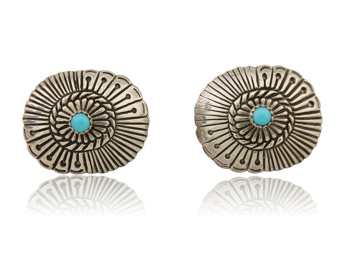 Navajo Concho Earrings 925 Silver Natural Turquoise Native American Artist C.80s