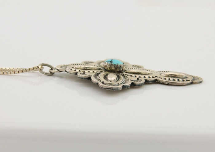 Navajo Cross Hand Stamped Necklace 925 Silver Natural Turquoise Artist JRS C.80s