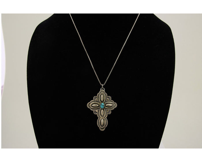 Navajo Cross Hand Stamped Necklace 925 Silver Natural Turquoise Artist JRS C.80s