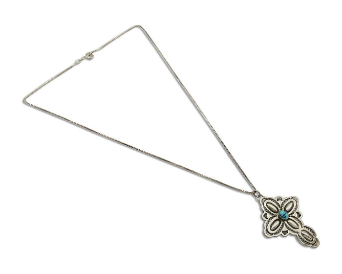 Navajo Cross Hand Stamped Necklace 925 Silver Turquoise Artist JRS C.80's