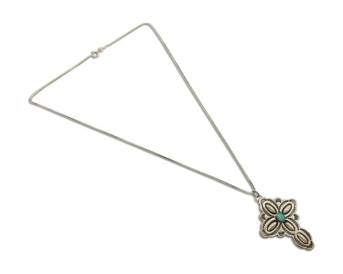Navajo Cross Hand Stamped Necklace 925 Silver Turquoise Artist JRS C.80's