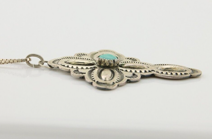 Navajo Cross Hand Stamped Necklace 925 Silver Turquoise Artist JRS C.80's