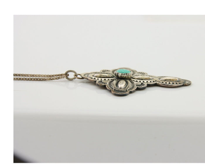 Navajo Cross Hand Stamped Necklace 925 Silver Turquoise Artist JRS C.80's