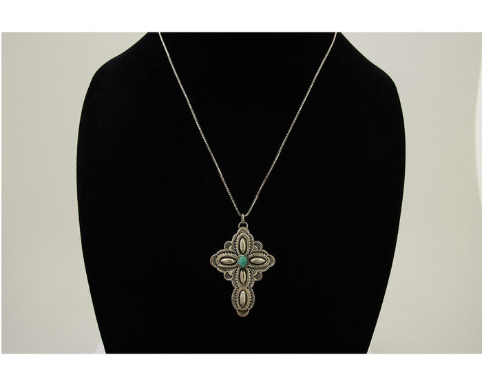 Navajo Cross Hand Stamped Necklace 925 Silver Turquoise Artist JRS C.80's