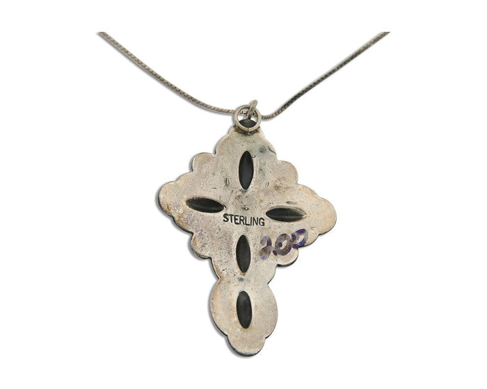 Navajo Cross Hand Stamped Necklace 925 Silver Turquoise Artist Signed JRS C.80's