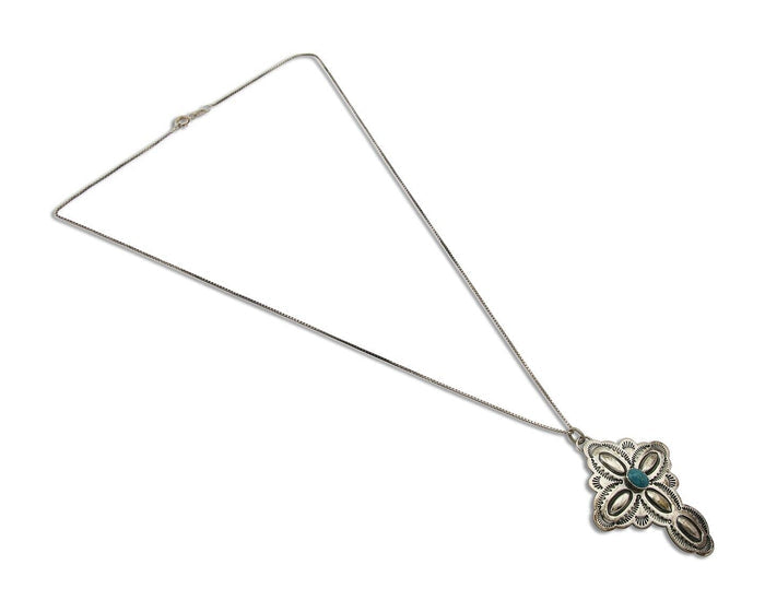 Navajo Cross Hand Stamped Necklace 925 Silver Turquoise Artist Signed JRS C.80's