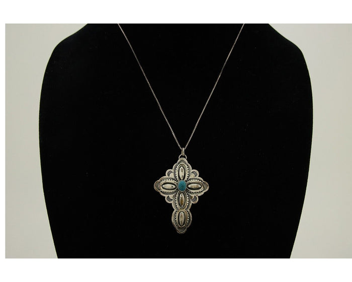 Navajo Cross Hand Stamped Necklace 925 Silver Turquoise Artist Signed JRS C.80's
