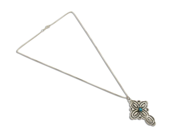 Navajo Cross Hand Stamped Necklace 925 Silver Turquoise Native Artist C.80's